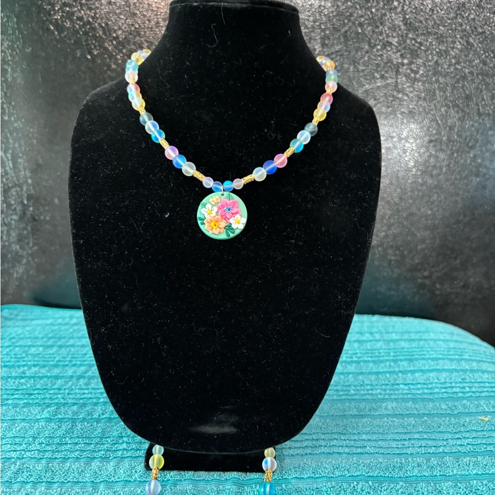 Colorful Beaded Necklace with Floral Pendant